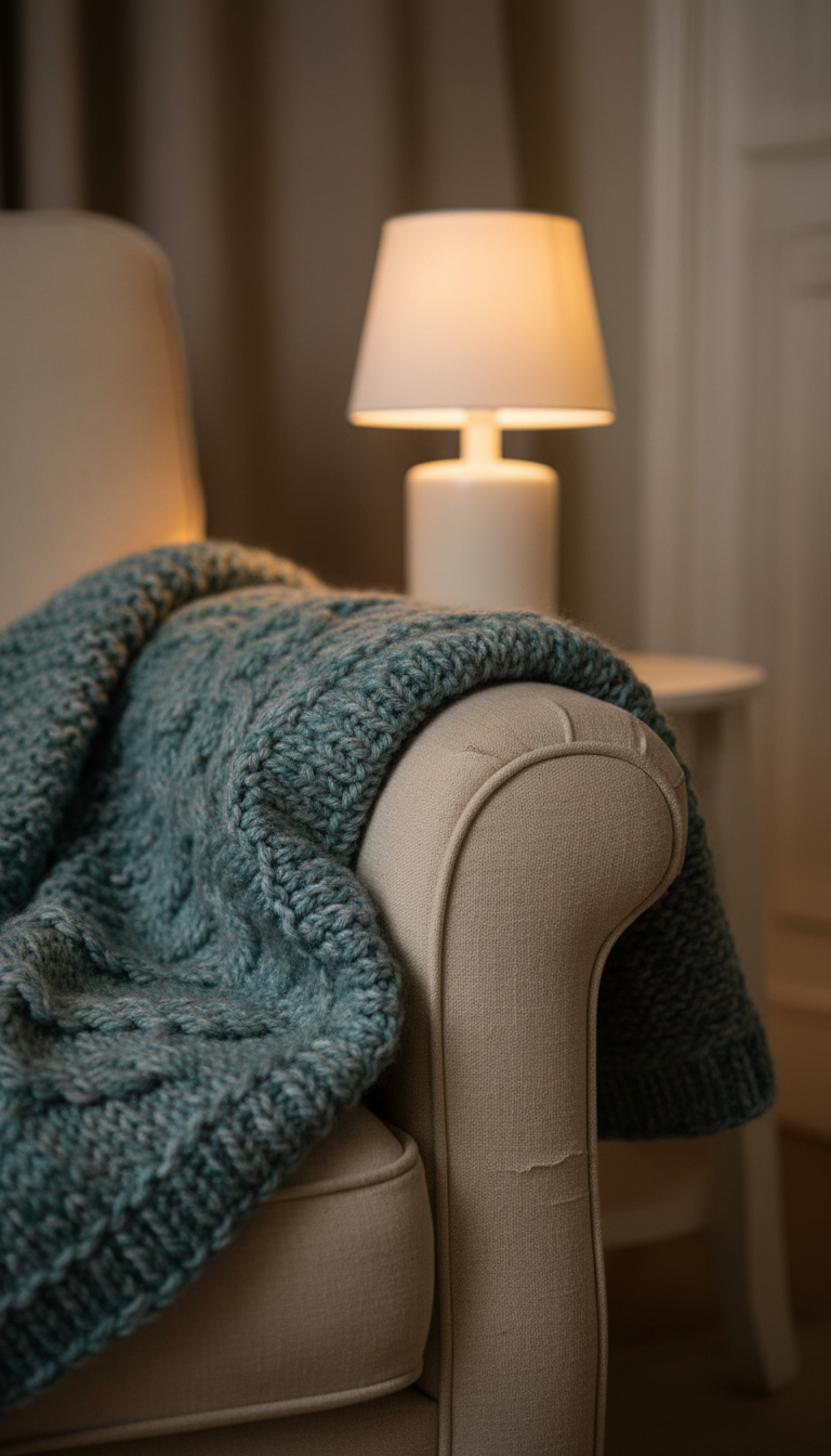 A close-up of a textured, chunky hand-knit blanket in tranquil teal and soft heather grey, artfully draped over the armrest of a weathered armchair with visible, soft-worn upholstery. The armrest is positioned beneath the dim glow of a small, modern ceramic lamp, casting a warm, comforting pool of light. The background blurs into subtle neutral tones, suggesting a peaceful, safe corner of a room. Captured at an eye-level angle with a shallow depth of field, the tactile details of the yarn and gentle light merge to evoke warmth, comfort, and sanctuary—a visual metaphor for finding small comforts amidst persistent pain. The artistic style is cozy yet minimal, in keeping with the blog’s calming and empathetic aesthetic.